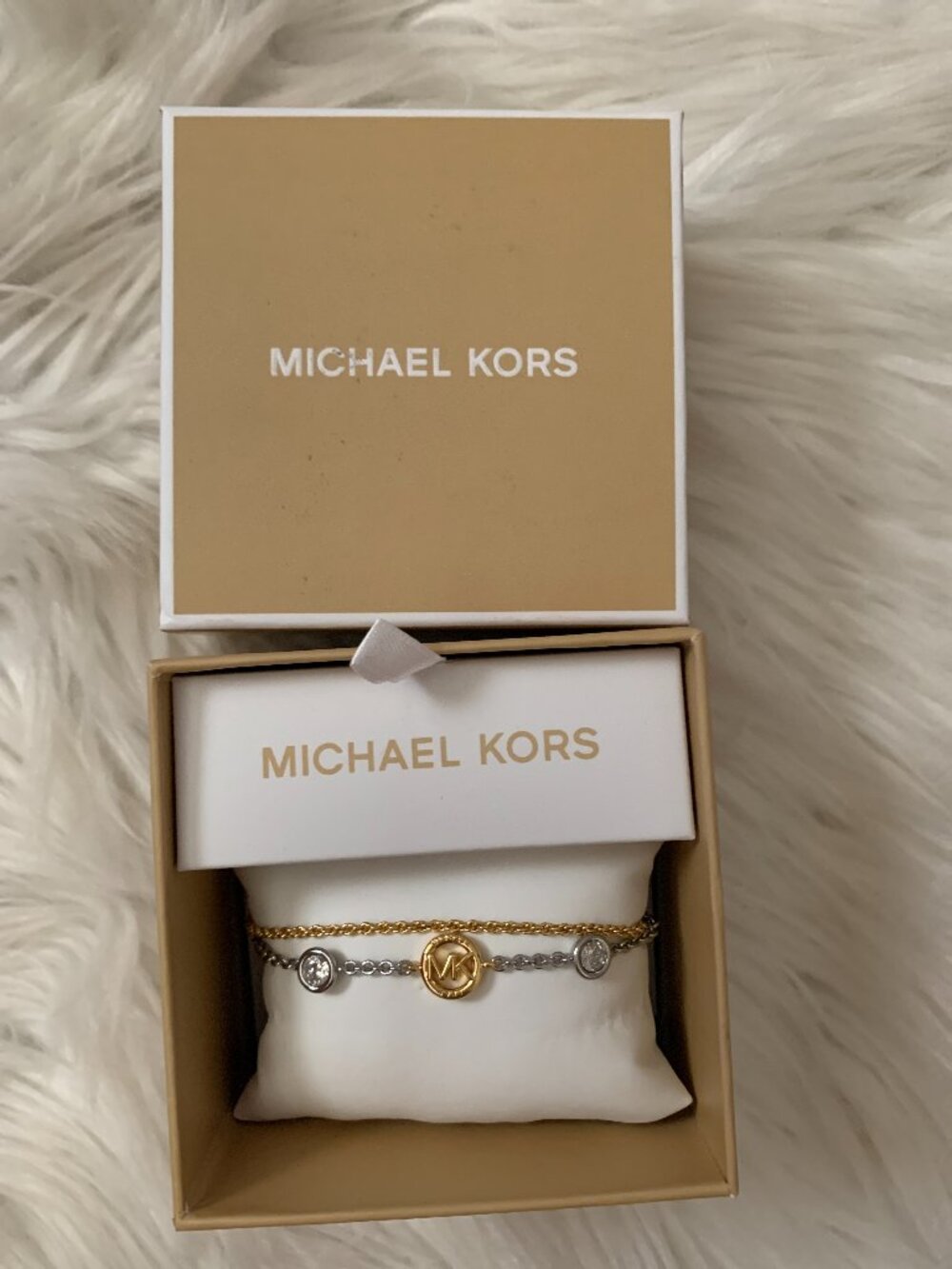 MICHAEL KORS Dual Tone Double Strand Charm Slider Bracelet in Gold/Silver